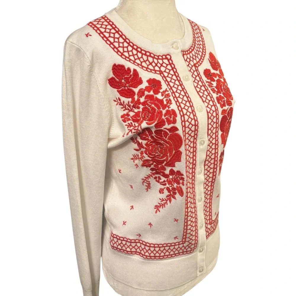 Charter Club White with Red Floral Embroidery Button up Sweater Small